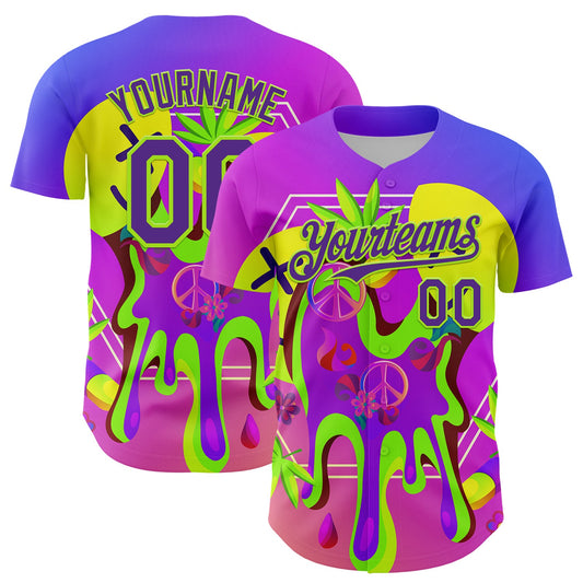 Custom Purple Neon Green 3D Pattern Design Trippy Psychedelic Peace Sign Authentic Baseball Jersey - Sky-Custom