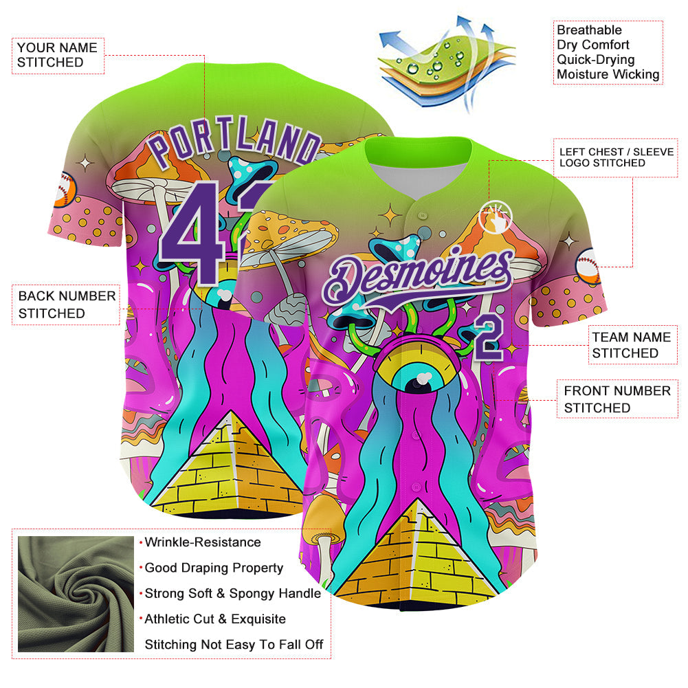 Custom Green Purple-White 3D Pattern Design Trippy Magic Mushrooms Acid Authentic Baseball Jersey - Sky-Custom