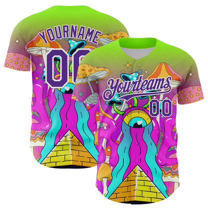 Custom Green Purple-White 3D Pattern Design Trippy Magic Mushrooms Acid Authentic Baseball Jersey - Sky-Custom