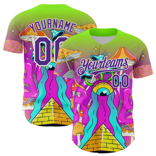 Custom Green Purple-White 3D Pattern Design Trippy Magic Mushrooms Acid Authentic Baseball Jersey - Sky-Custom