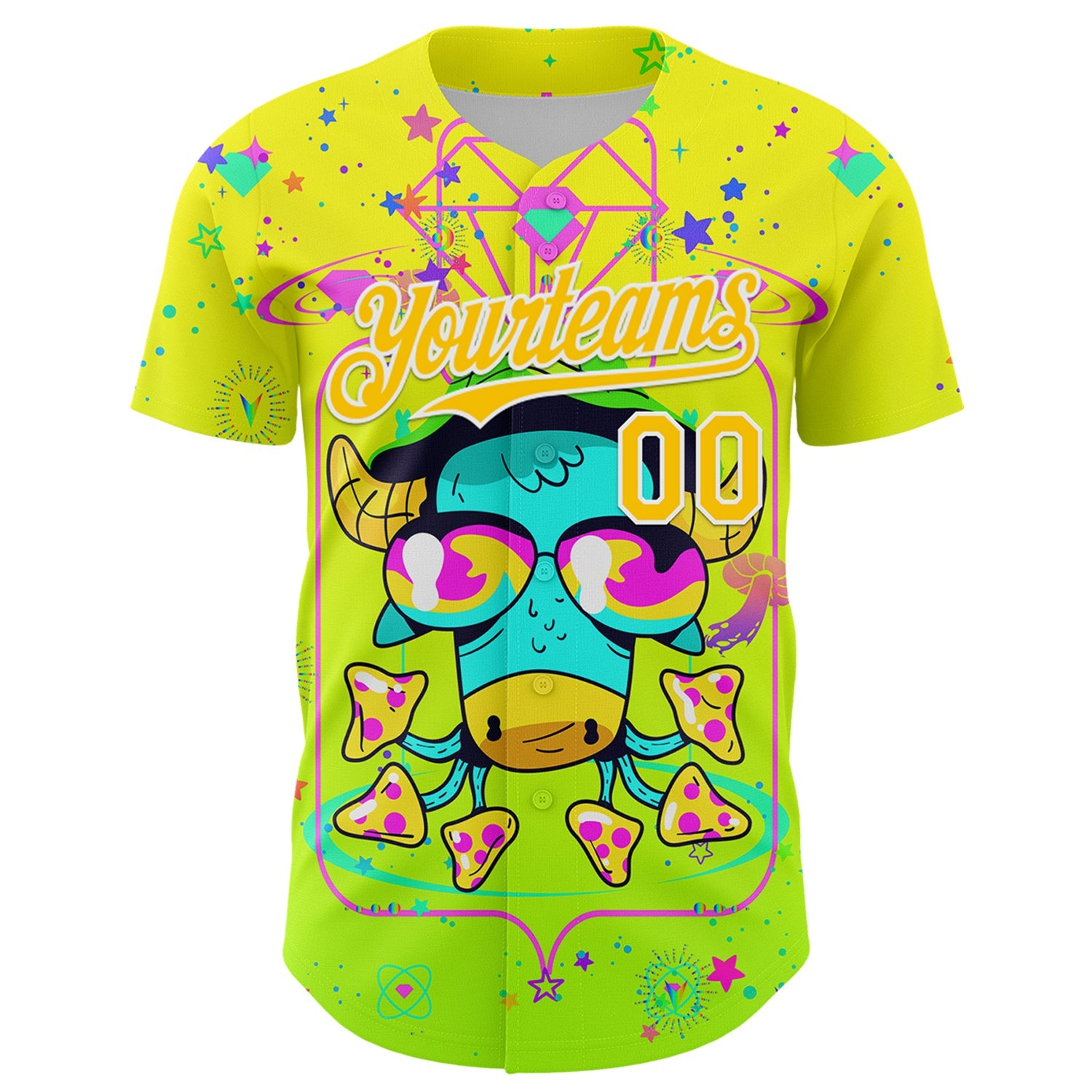 Custom Gold Yellow Green-White 3D Pattern Design Trippy Psychedelic Magic Mushrooms Authentic Baseball Jersey - Sky-Custom