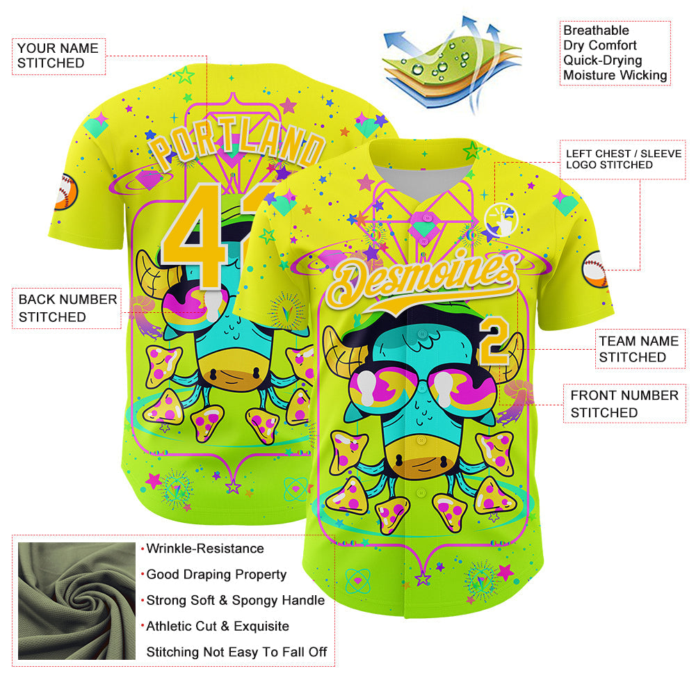 Custom Gold Yellow Green-White 3D Pattern Design Trippy Psychedelic Magic Mushrooms Authentic Baseball Jersey - Sky-Custom