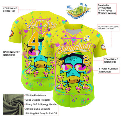 Custom Gold Yellow Green-White 3D Pattern Design Trippy Psychedelic Magic Mushrooms Authentic Baseball Jersey - Sky-Custom