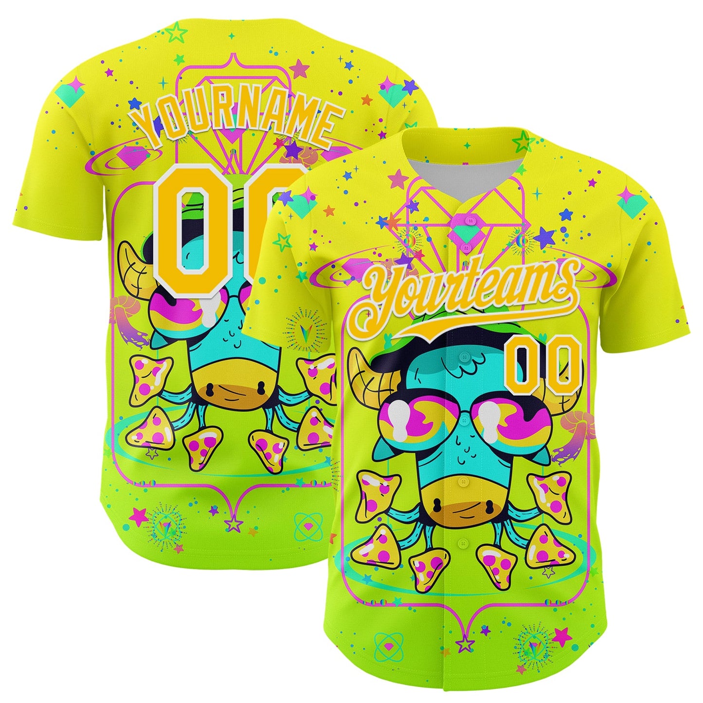 Custom Gold Yellow Green-White 3D Pattern Design Trippy Psychedelic Magic Mushrooms Authentic Baseball Jersey - Sky-Custom
