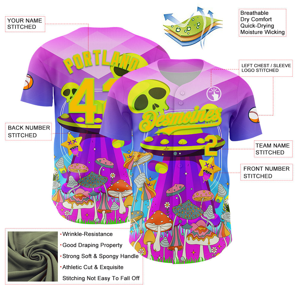 Custom Purple Yellow-Neon Green 3D Pattern Design Trippy Magic Mushrooms Alien Authentic Baseball Jersey - Sky-Custom