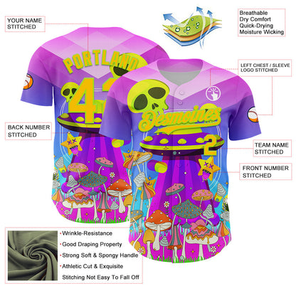 Custom Purple Yellow-Neon Green 3D Pattern Design Trippy Magic Mushrooms Alien Authentic Baseball Jersey - Sky-Custom