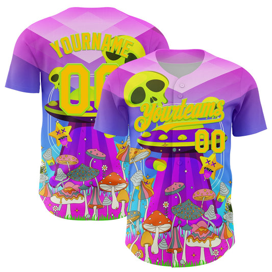 Custom Purple Yellow-Neon Green 3D Pattern Design Trippy Magic Mushrooms Alien Authentic Baseball Jersey - Sky-Custom