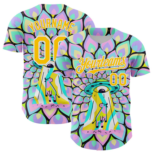Custom Purple Yellow-White 3D Pattern Design Trippy Magic Mushrooms Alien Authentic Baseball Jersey - Sky-Custom
