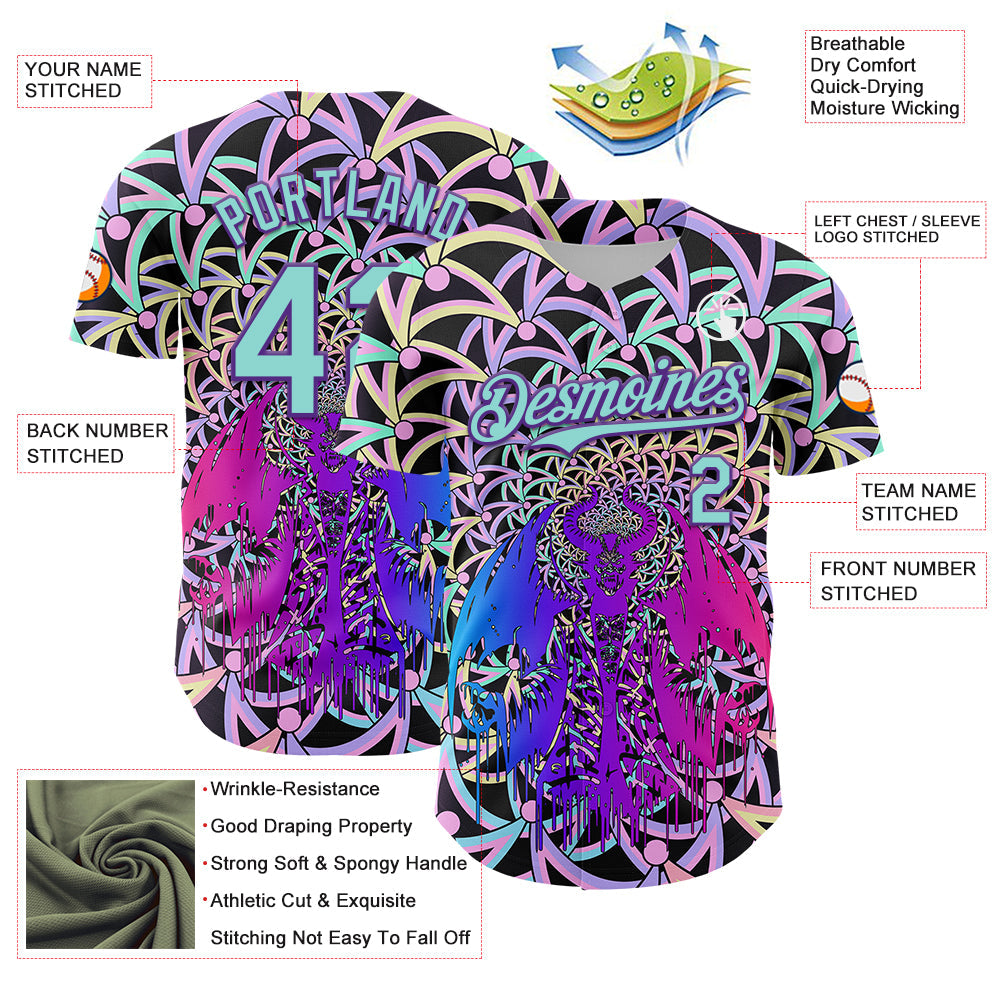 Custom Purple Ice Blue 3D Pattern Design Trippy Magic Mushrooms Devil Authentic Baseball Jersey - Sky-Custom
