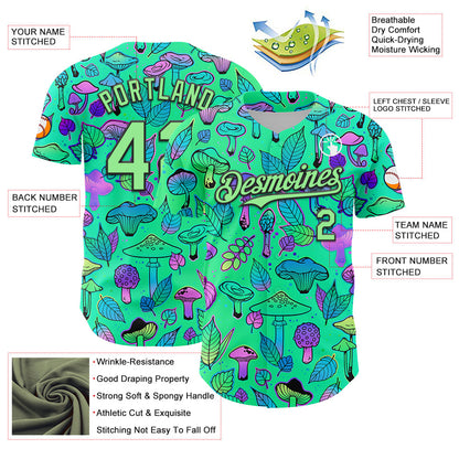 Custom Green Pea Green-Black 3D Pattern Design Trippy Magic Mushrooms Plant Authentic Baseball Jersey - Sky-Custom