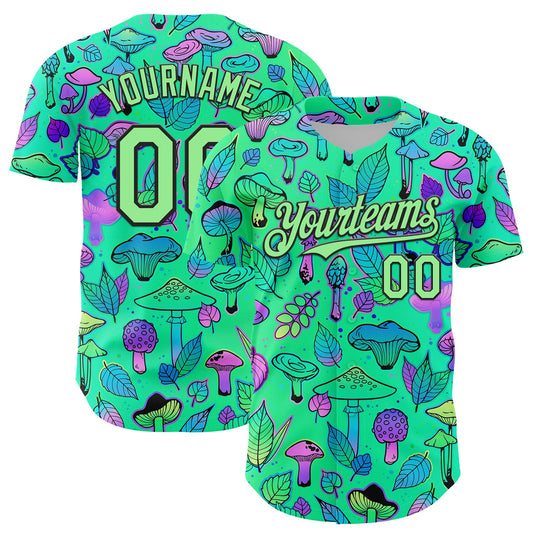 Custom Green Pea Green-Black 3D Pattern Design Trippy Magic Mushrooms Plant Authentic Baseball Jersey - Sky-Custom