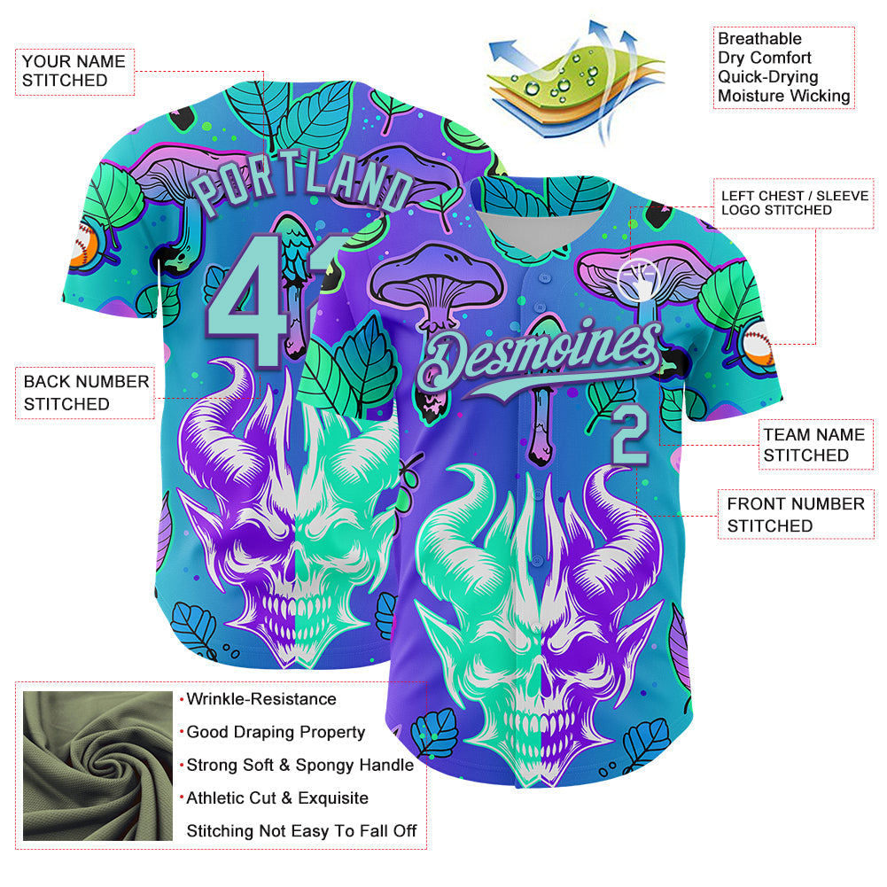 Custom Blue Ice Blue-Purple 3D Pattern Design Trippy Magic Mushrooms Demon Skull Authentic Baseball Jersey - Sky-Custom