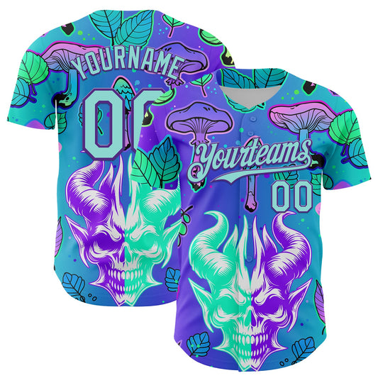 Custom Blue Ice Blue-Purple 3D Pattern Design Trippy Magic Mushrooms Demon Skull Authentic Baseball Jersey - Sky-Custom
