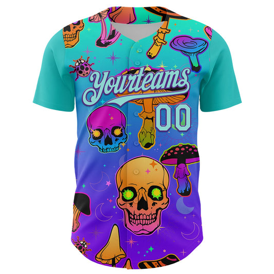 Custom Blue Ice Blue-Purple 3D Pattern Design Trippy Magic Mushrooms Skull Authentic Baseball Jersey - Sky-Custom