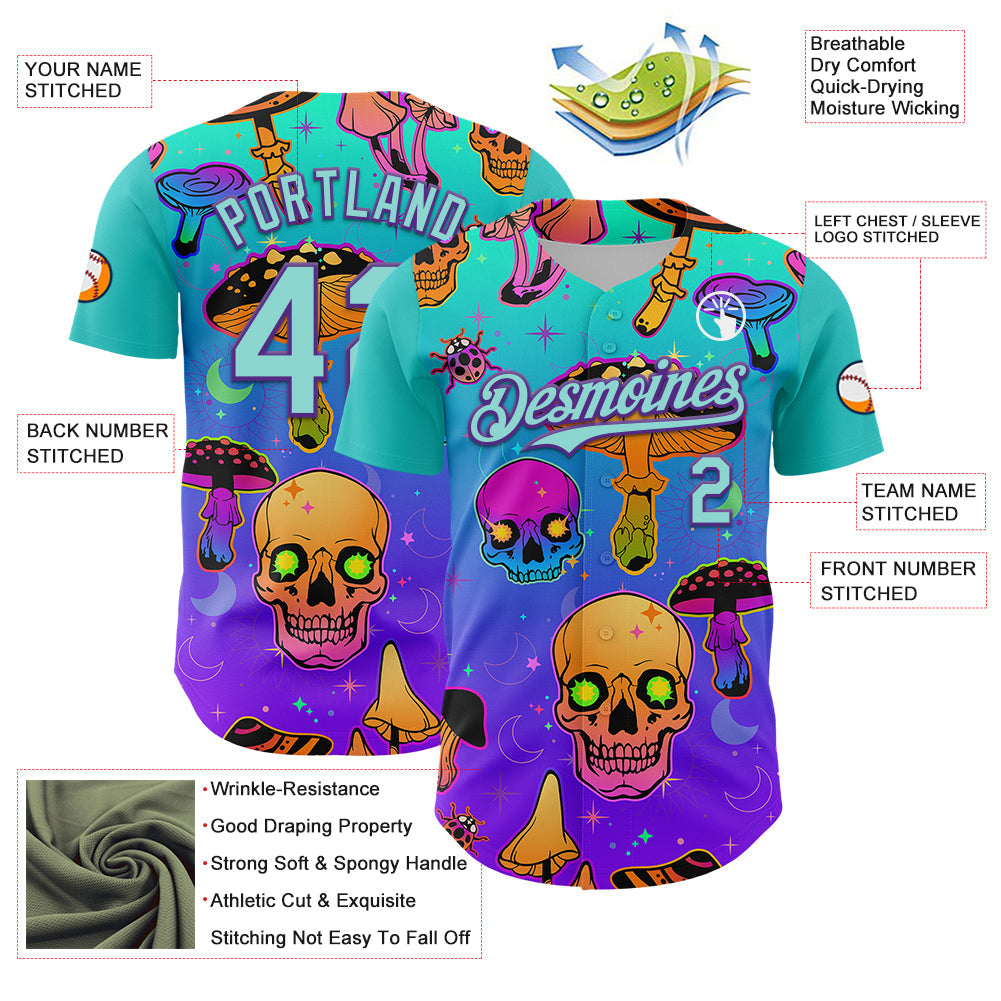 Custom Blue Ice Blue-Purple 3D Pattern Design Trippy Magic Mushrooms Skull Authentic Baseball Jersey - Sky-Custom