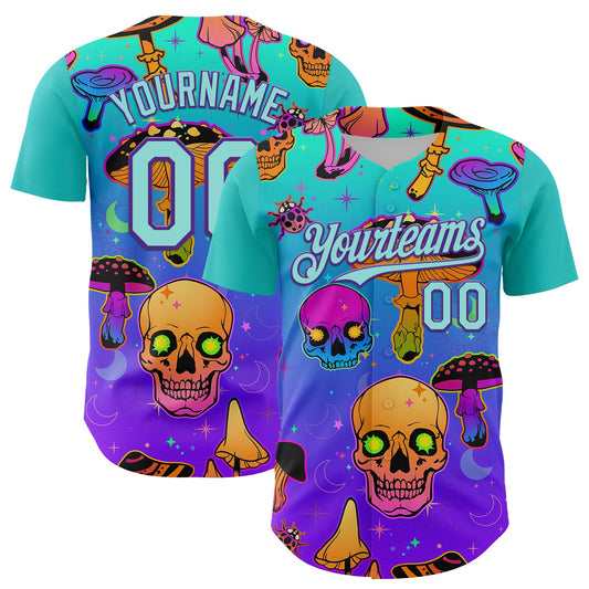 Custom Blue Ice Blue-Purple 3D Pattern Design Trippy Magic Mushrooms Skull Authentic Baseball Jersey - Sky-Custom