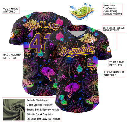 Custom Black Purple-Yellow 3D Pattern Design Trippy Magic Mushrooms Spider Web Authentic Baseball Jersey - Sky-Custom