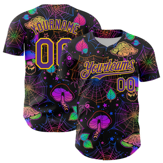Custom Black Purple-Yellow 3D Pattern Design Trippy Magic Mushrooms Spider Web Authentic Baseball Jersey - Sky-Custom