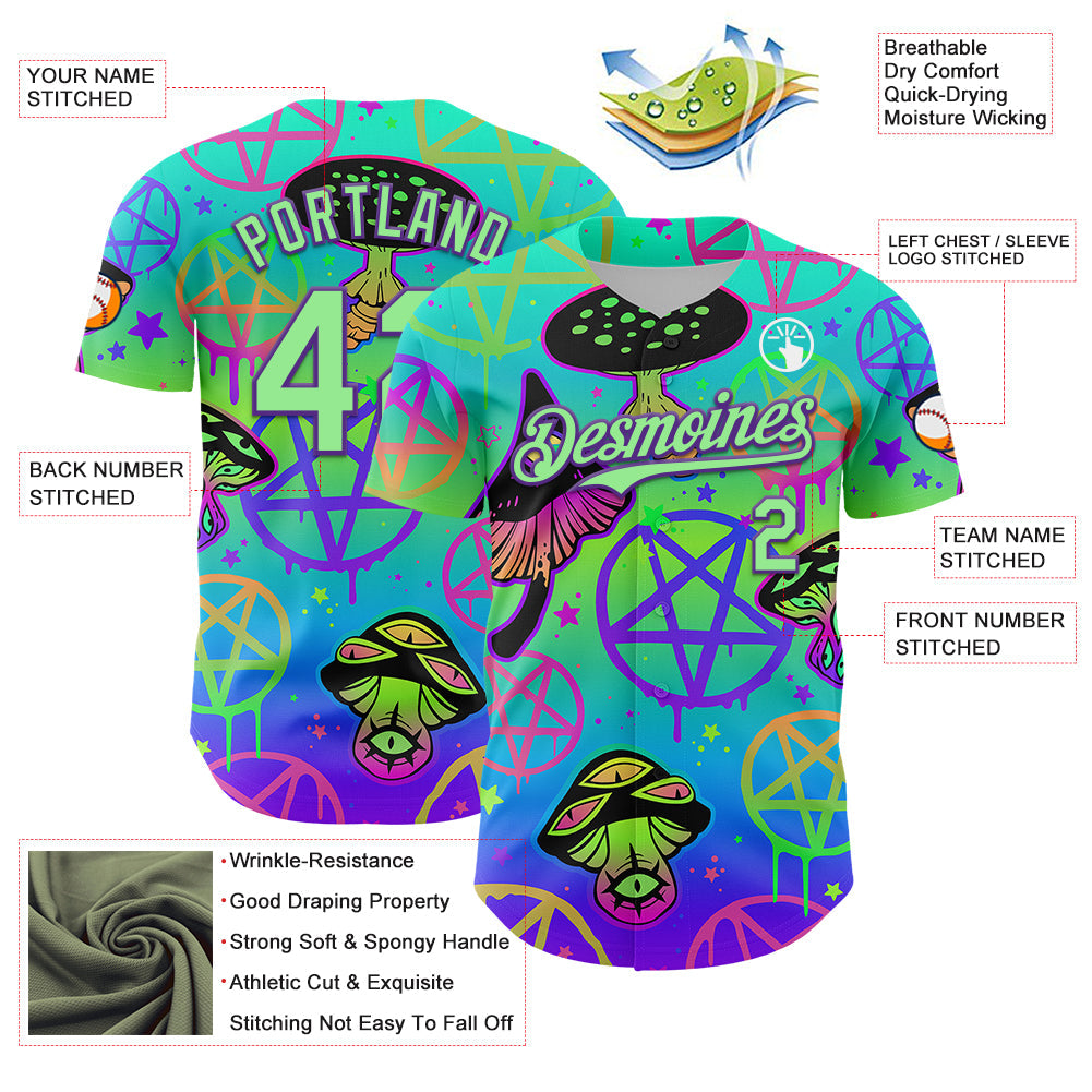 Custom Blue Pea Green-Purple 3D Pattern Design Trippy Magic Mushrooms Pentacle Authentic Baseball Jersey - Sky-Custom