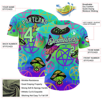 Custom Blue Pea Green-Purple 3D Pattern Design Trippy Magic Mushrooms Pentacle Authentic Baseball Jersey - Sky-Custom