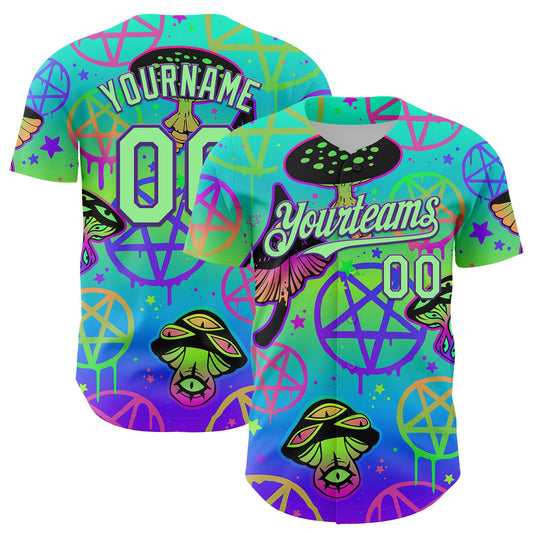 Custom Blue Pea Green-Purple 3D Pattern Design Trippy Magic Mushrooms Pentacle Authentic Baseball Jersey - Sky-Custom