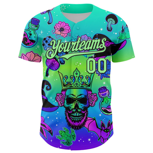 Custom Blue Pea Green-Black 3D Pattern Design Trippy Magic Mushrooms Skull Authentic Baseball Jersey - Sky-Custom