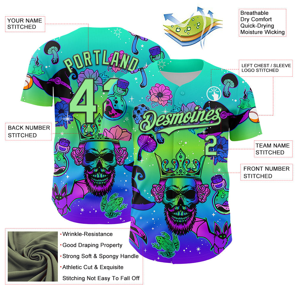 Custom Blue Pea Green-Black 3D Pattern Design Trippy Magic Mushrooms Skull Authentic Baseball Jersey - Sky-Custom