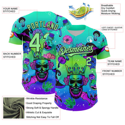 Custom Blue Pea Green-Black 3D Pattern Design Trippy Magic Mushrooms Skull Authentic Baseball Jersey - Sky-Custom