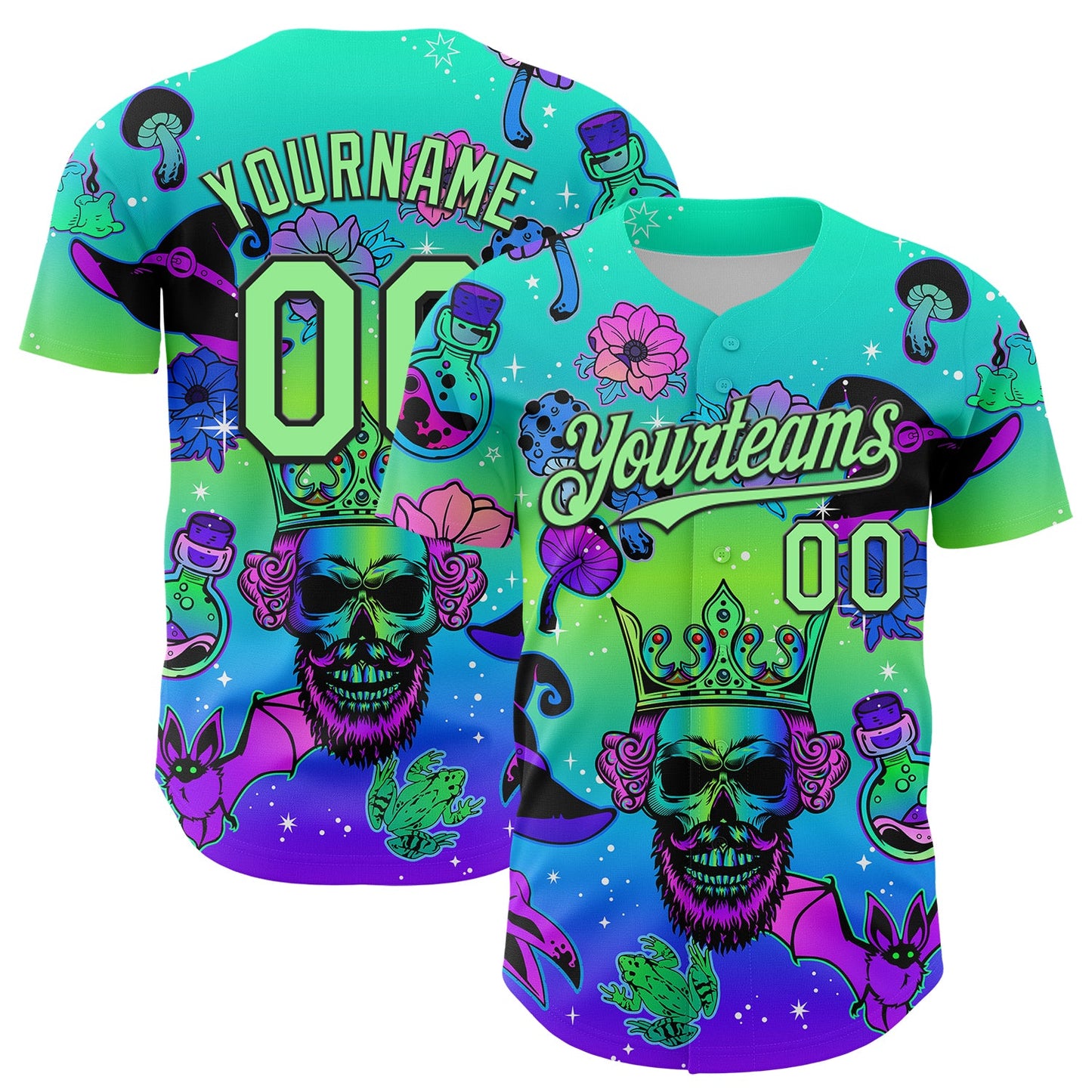 Custom Blue Pea Green-Black 3D Pattern Design Trippy Magic Mushrooms Skull Authentic Baseball Jersey - Sky-Custom