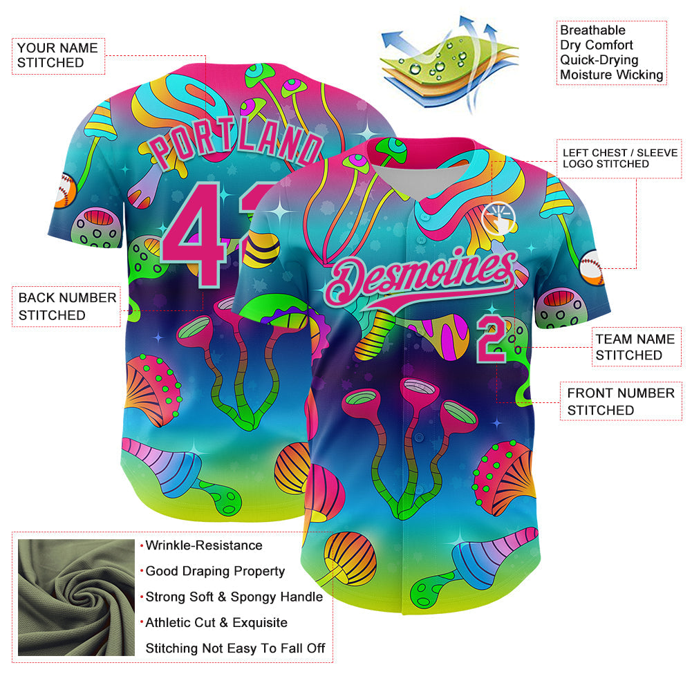 Custom Blue Hot Pink-Ice Blue 3D Pattern Design Trippy Psychedelic Magic Mushrooms Authentic Baseball Jersey - Sky-Custom