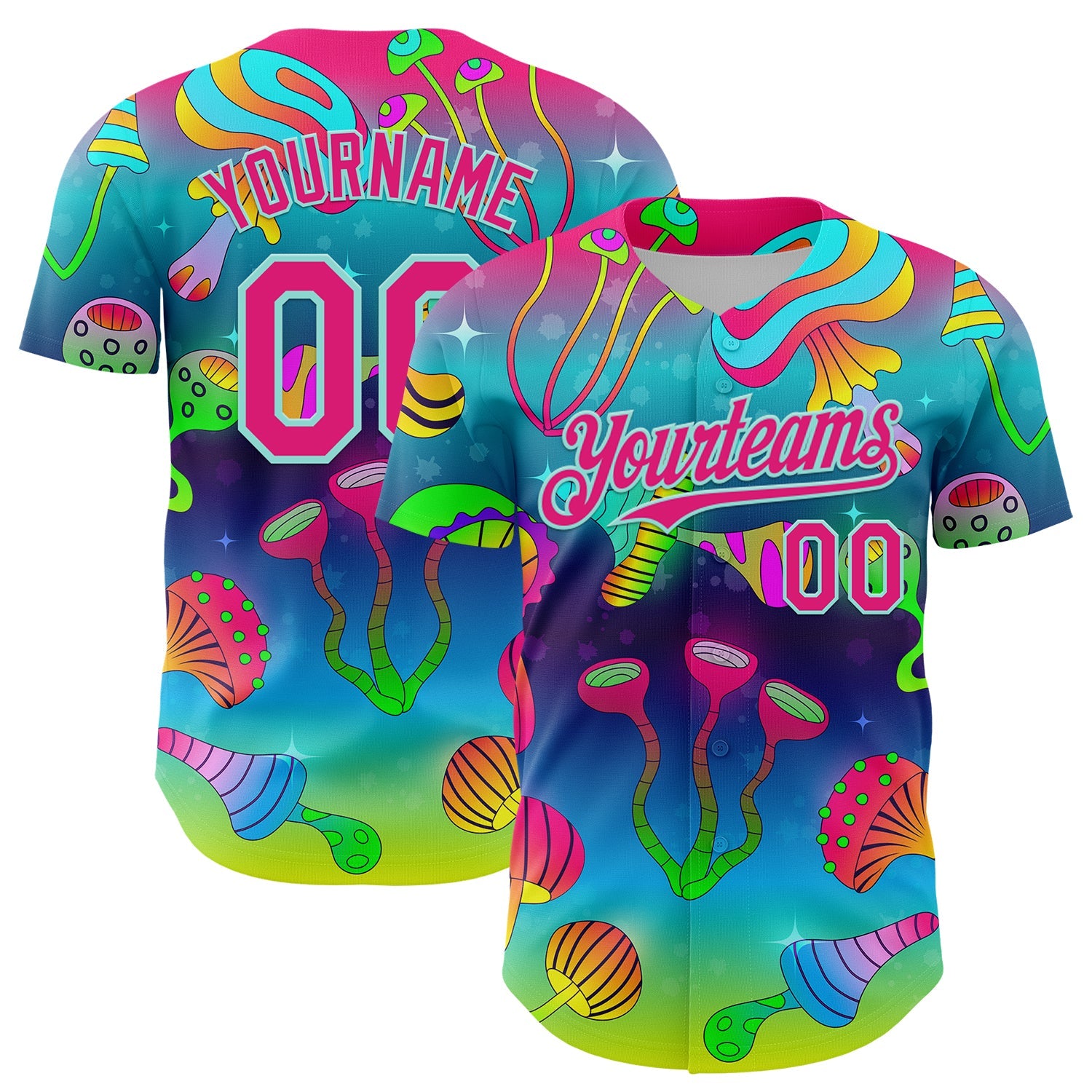 Custom Blue Hot Pink-Ice Blue 3D Pattern Design Trippy Psychedelic Magic Mushrooms Authentic Baseball Jersey - Sky-Custom
