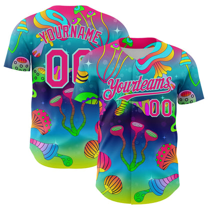 Custom Blue Hot Pink-Ice Blue 3D Pattern Design Trippy Psychedelic Magic Mushrooms Authentic Baseball Jersey - Sky-Custom