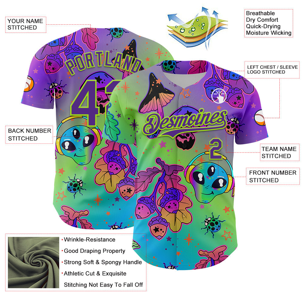 Custom Purple Neon Green 3D Pattern Design Trippy Magic Mushrooms Alien Authentic Baseball Jersey - Sky-Custom