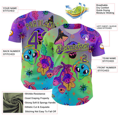 Custom Purple Neon Green 3D Pattern Design Trippy Magic Mushrooms Alien Authentic Baseball Jersey - Sky-Custom