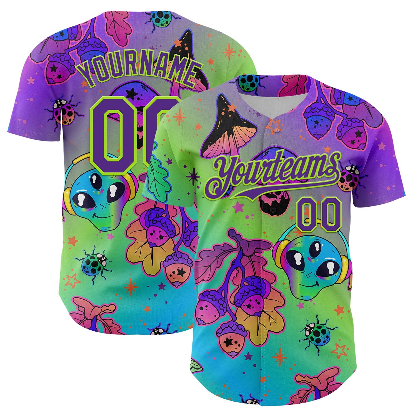 Custom Purple Neon Green 3D Pattern Design Trippy Magic Mushrooms Alien Authentic Baseball Jersey - Sky-Custom