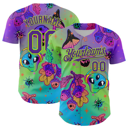 Custom Purple Neon Green 3D Pattern Design Trippy Magic Mushrooms Alien Authentic Baseball Jersey - Sky-Custom