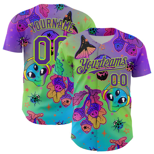 Custom Purple Neon Green 3D Pattern Design Trippy Magic Mushrooms Alien Authentic Baseball Jersey - Sky-Custom