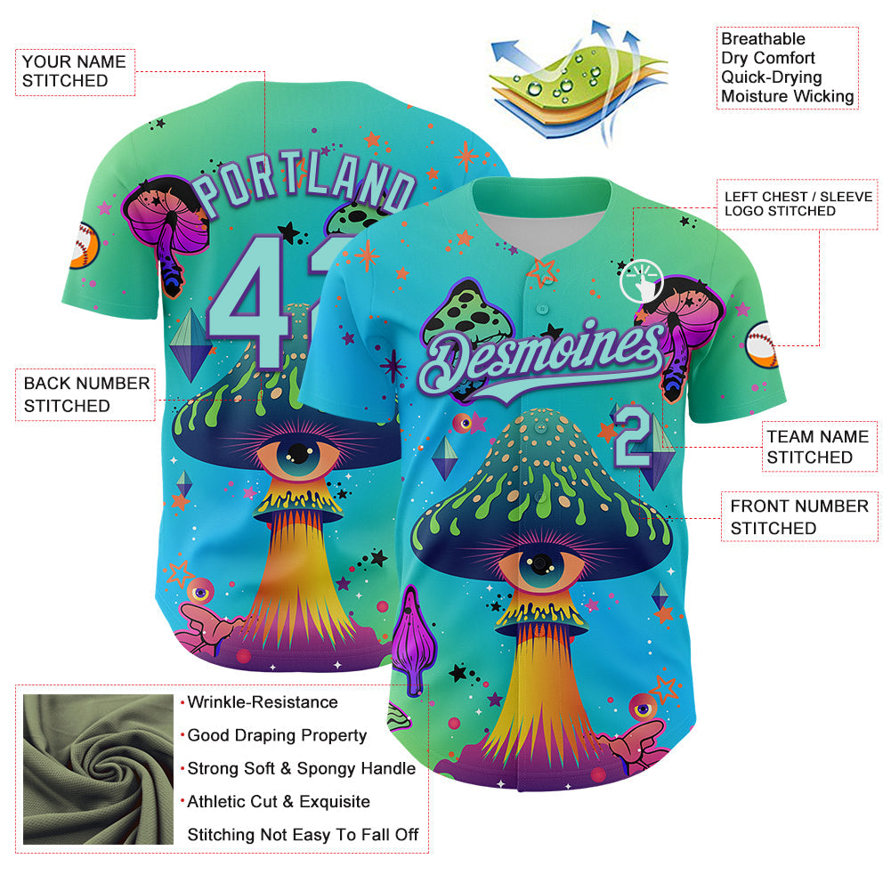 Custom Blue Ice Blue-Purple 3D Pattern Design Trippy Psychedelic Magic Mushrooms Authentic Baseball Jersey - Sky-Custom