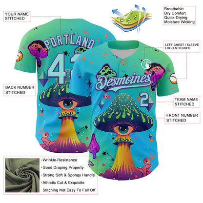 Custom Blue Ice Blue-Purple 3D Pattern Design Trippy Psychedelic Magic Mushrooms Authentic Baseball Jersey - Sky-Custom