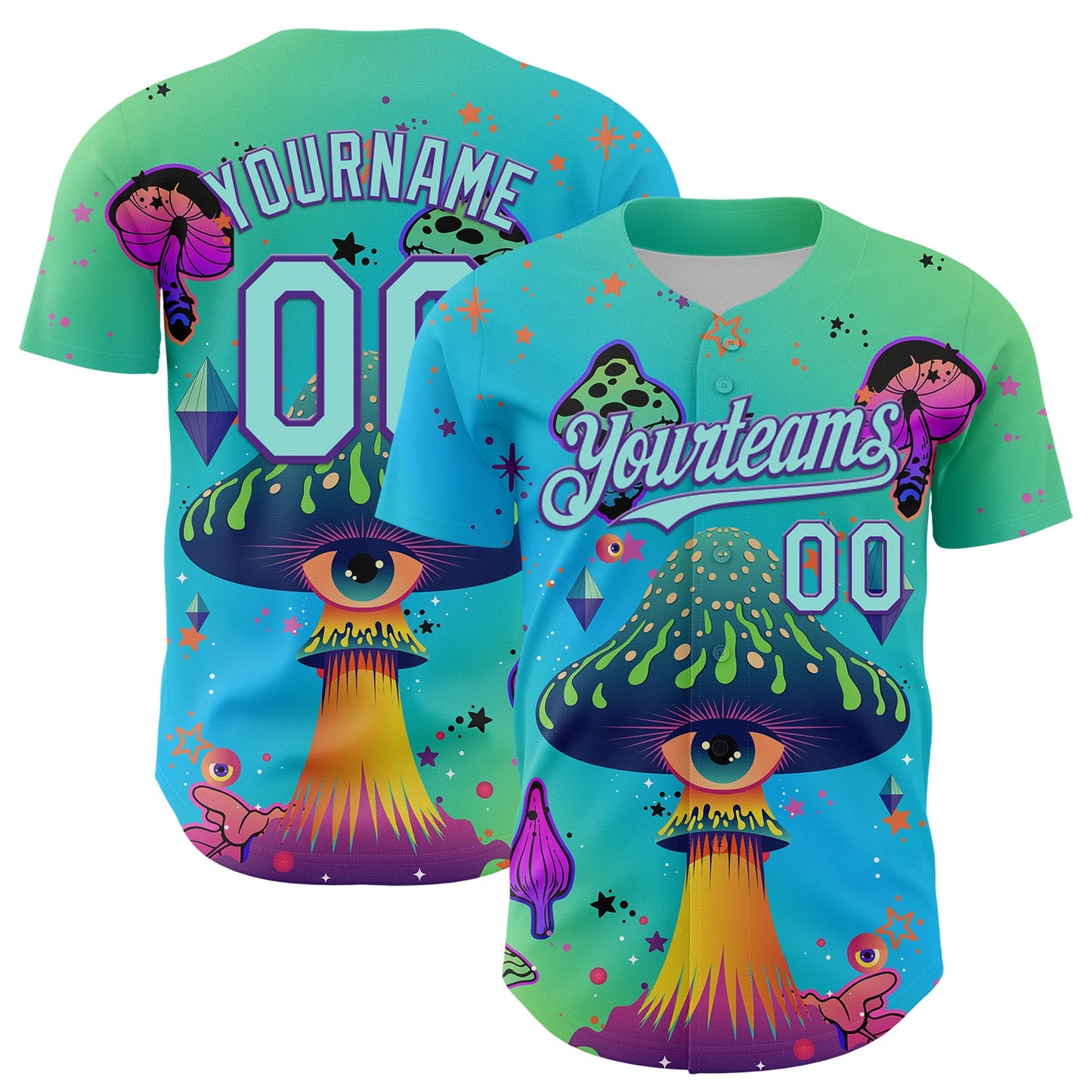 Custom Blue Ice Blue-Purple 3D Pattern Design Trippy Psychedelic Magic Mushrooms Authentic Baseball Jersey - Sky-Custom