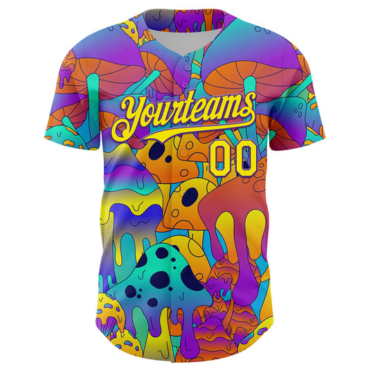 Custom Purple Light Yellow 3D Pattern Design Trippy Magic Mushrooms Trance Authentic Baseball Jersey - Sky-Custom