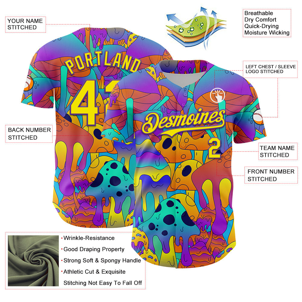 Custom Purple Light Yellow 3D Pattern Design Trippy Magic Mushrooms Trance Authentic Baseball Jersey - Sky-Custom