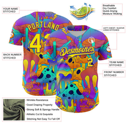 Custom Purple Light Yellow 3D Pattern Design Trippy Magic Mushrooms Trance Authentic Baseball Jersey - Sky-Custom