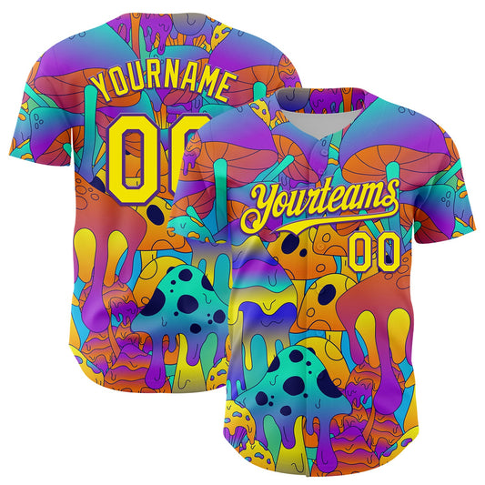 Custom Purple Light Yellow 3D Pattern Design Trippy Magic Mushrooms Trance Authentic Baseball Jersey - Sky-Custom