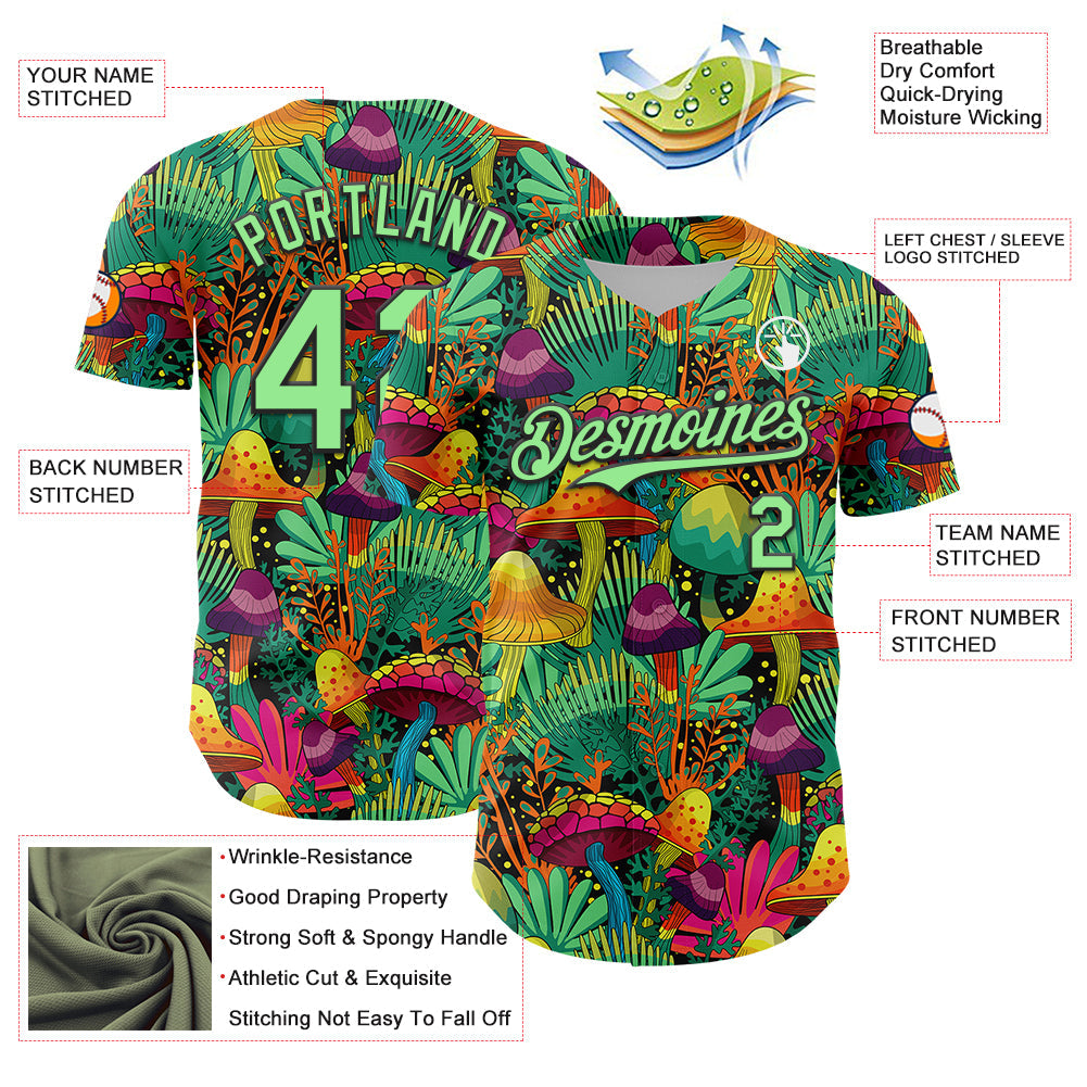 Custom Green Pea Green-Black 3D Pattern Design Trippy Magic Mushrooms Plant Authentic Baseball Jersey - Sky-Custom