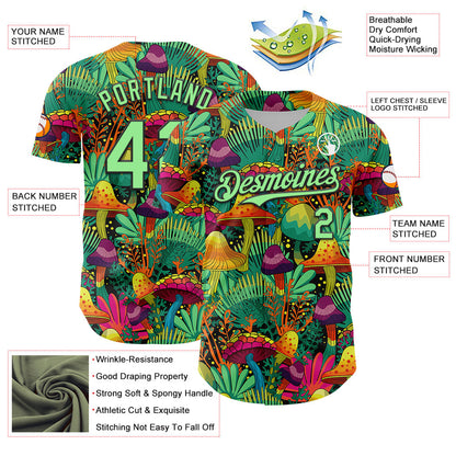 Custom Green Pea Green-Black 3D Pattern Design Trippy Magic Mushrooms Plant Authentic Baseball Jersey - Sky-Custom
