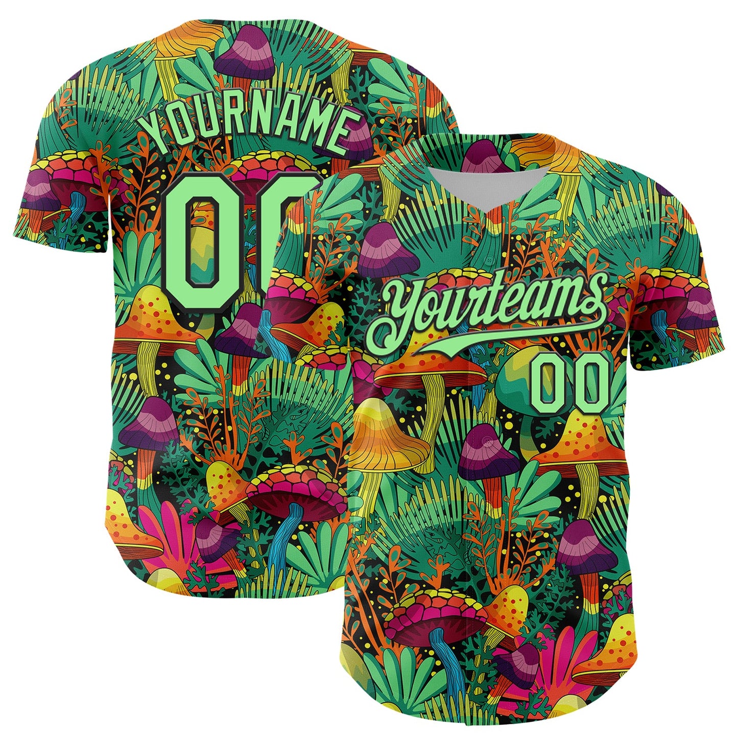 Custom Green Pea Green-Black 3D Pattern Design Trippy Magic Mushrooms Plant Authentic Baseball Jersey - Sky-Custom