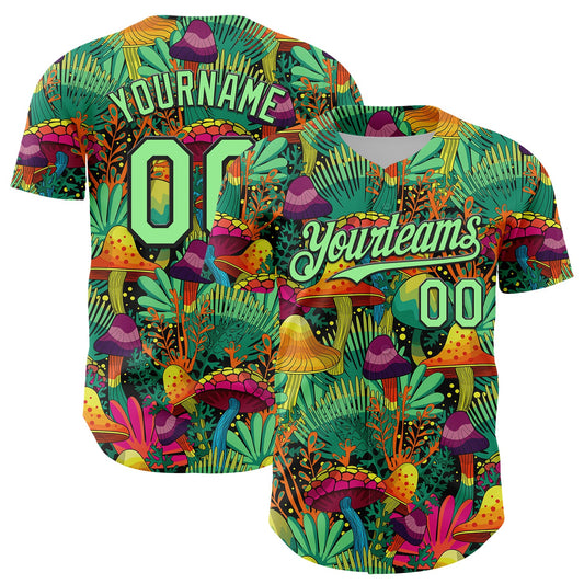 Custom Green Pea Green-Black 3D Pattern Design Trippy Magic Mushrooms Plant Authentic Baseball Jersey - Sky-Custom