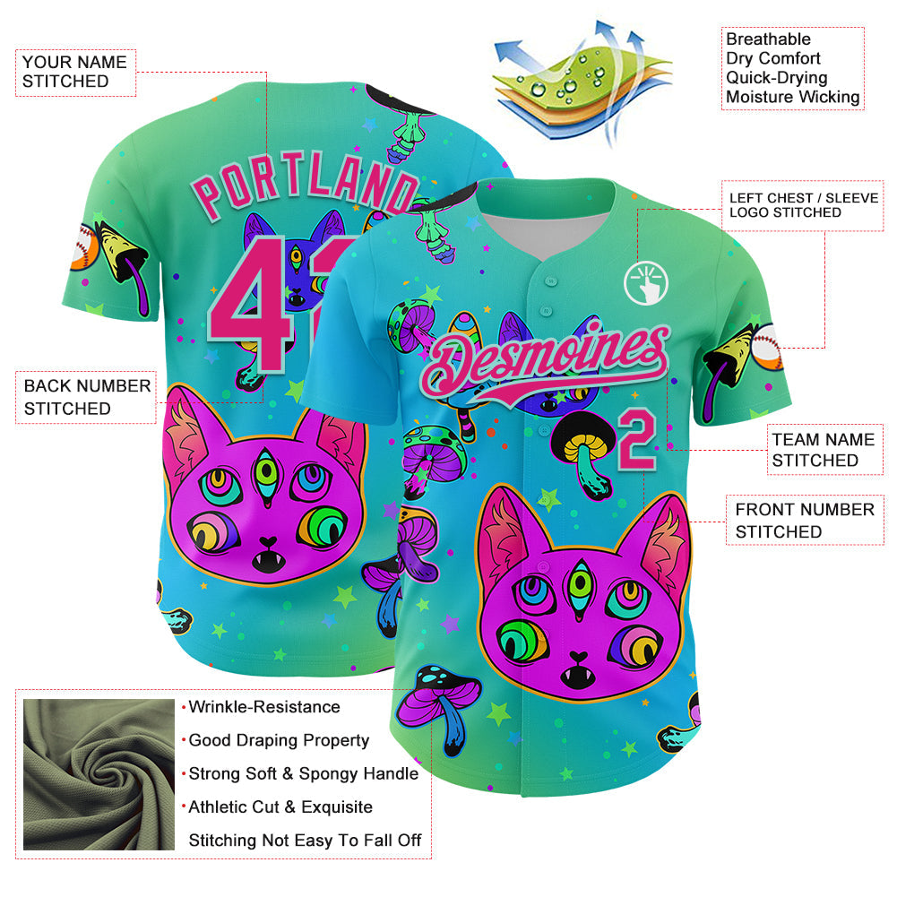 Custom Green Hot Pink-Ice Blue 3D Pattern Design Trippy Magic Mushrooms Cats Authentic Baseball Jersey - Sky-Custom