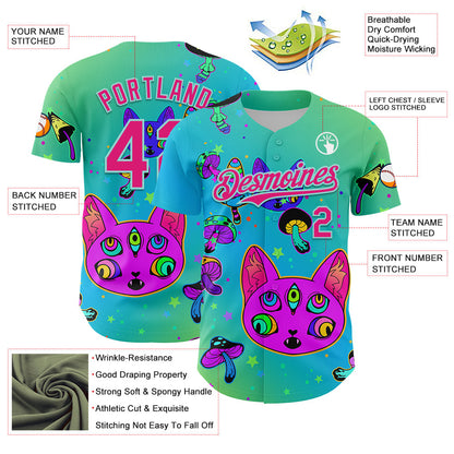 Custom Green Hot Pink-Ice Blue 3D Pattern Design Trippy Magic Mushrooms Cats Authentic Baseball Jersey - Sky-Custom